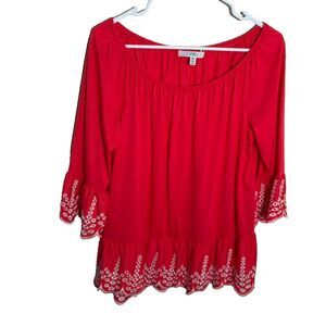 Fever Blouse Women's Medium Round Neck 3/4 Sleeve Eyelet Boho Casual Top